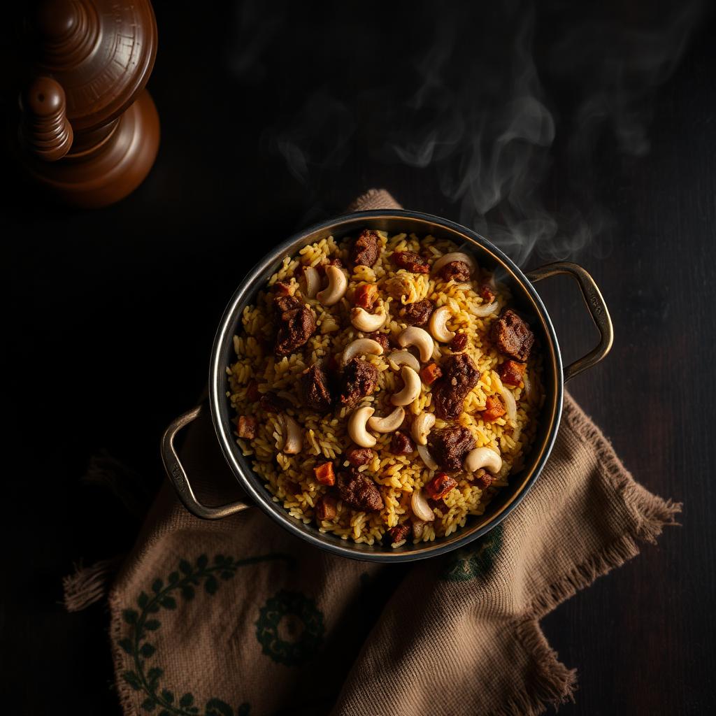 Steaming pot of African Pilau rice with aromatic spices